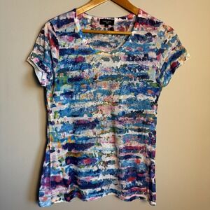 Colour Works Womens‎ Watercolor Bejeweled T-Shirt Top Abstract Art Size Large